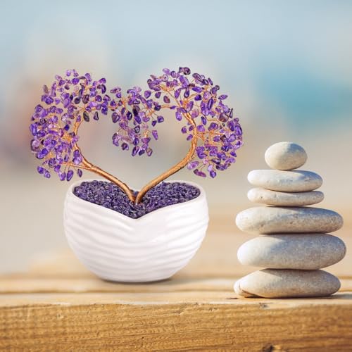 Amethyst Crystals Heart Bonsai Tree | Reiki Healing Feng Shui Desk Ornament