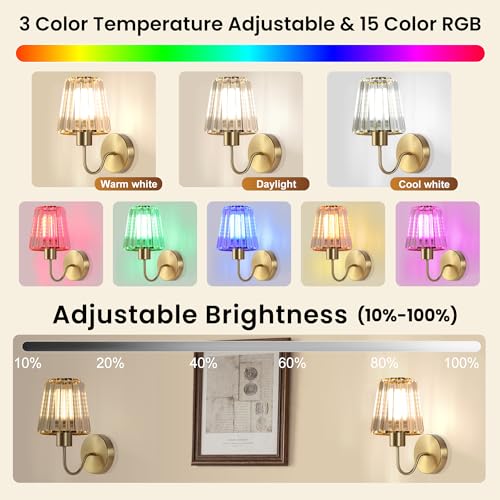 Wireless Wall Sconces Set of 2 with Remote Control - Gold Modern Wall Decor