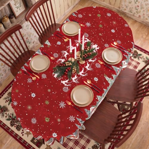 Lookio Chubba Christmas Oval Tablecloth 60 x 120 in Red Waterproof Polyester