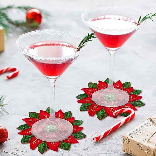 Whaline 10Pcs Christmas Embroidered Coaster Applique Poinsettia Double Layer Coaster Xmas Flower Cup Mat Pad for Christmas Winter Holiday Home Kitchen Office Table Decoration (4 x 4 Inch)
