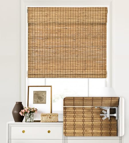 LazBlinds No Drill Bamboo Roman Shades 46.5" W x 48" H Eastfield Teak Light Filtering