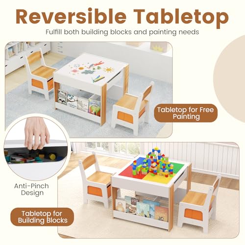 Kids Table and Chair Set with Building Block Tabletop - Natural