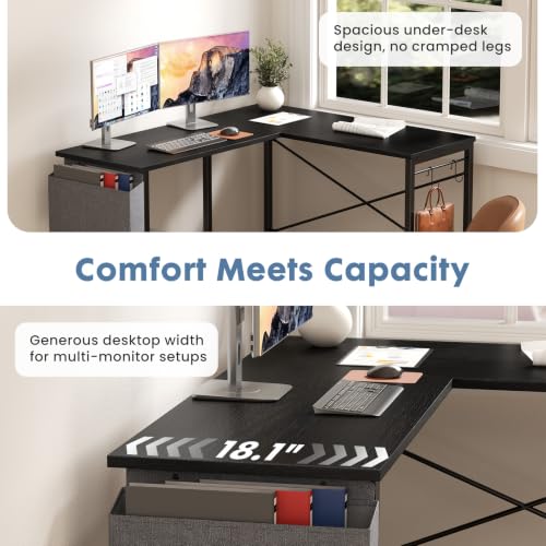 Black 50-Inch Reversible L-Shaped Corner Computer Desk with PC Stand