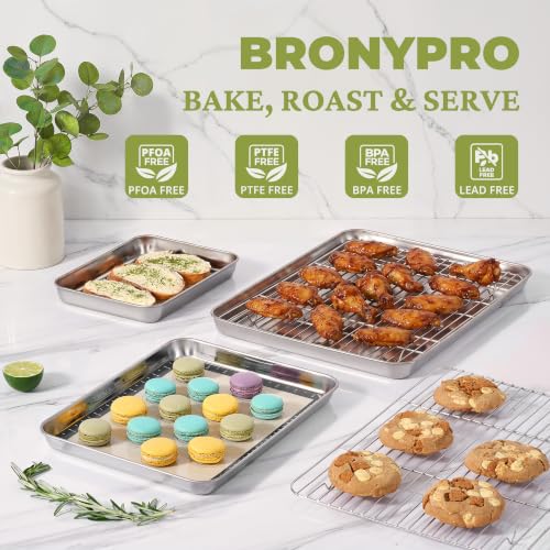 3-Piece Stainless Steel Baking Sheet Set with Racks & Mats - 16x12, 12x10, 9x7 Inches