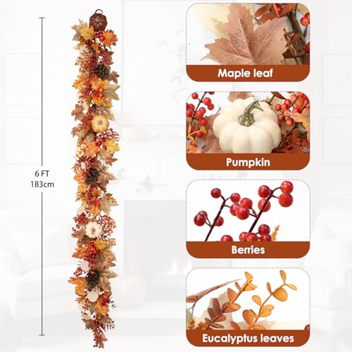 Villa Como 6FT Fall Garland with Lights, Pumpkins, Pinecones, Berries - Brown