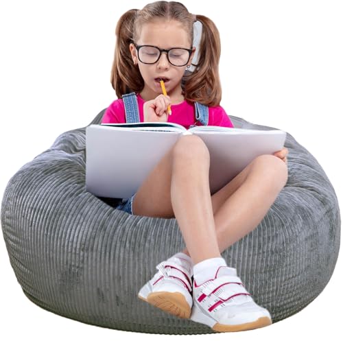 Grey Faux Rabbit Fur Bean Bag Chair - 2.5ft Round Fluffy Kids & Teens Sofa