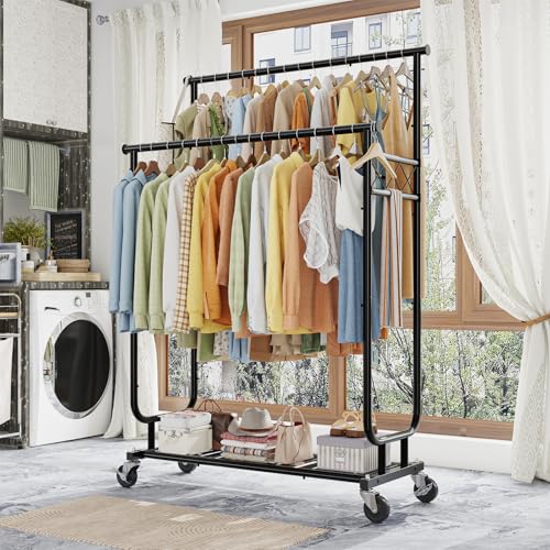 Heavy Duty Rolling Clothes Rack with Shelves - 450 lbs Capacity, Double Rod & Lockable Wheels