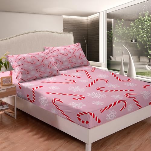 Pink Red Xmas Candy Cane Queen Bed Sheet Set - Christmas Holiday Bedding