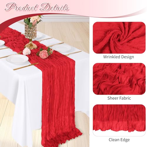 ACSUIT 3 Pack Red Cheesecloth Table Runner 17x108 Inch Semi Sheer Boho Fabric for Wedding & Party Decor