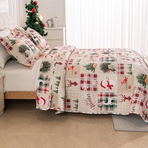 3-Piece Christmas Quilt Set Twin Size Cozy Xmas Snowman Reindeer elk