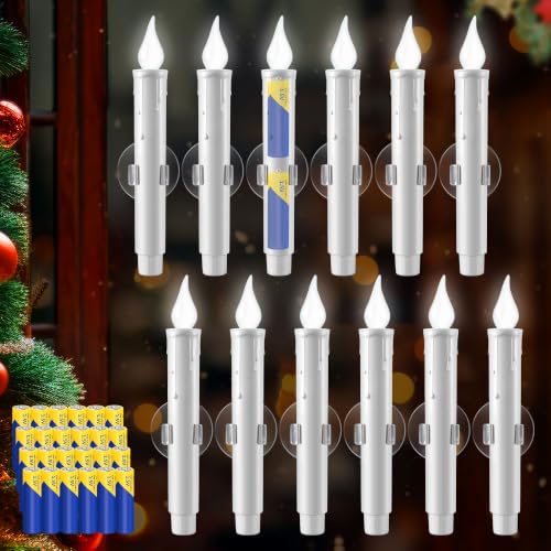 Enhon 12Pcs Dusk-to-Dawn White Window Candles with Batteries (White Bulb) Set