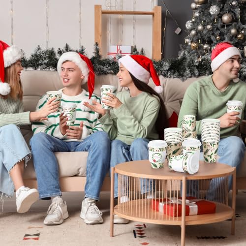 100 Set Christmas Disposable Coffee Cups with Lids Sleeves 14 oz Mug