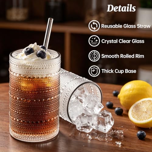 16oz Vintage Hobnail Drinking Glasses Set of 12 with Reusable Glass Straws