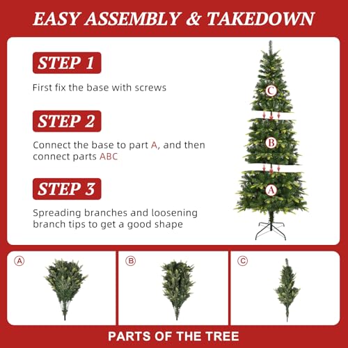 Uten 6ft Slim Pencil Christmas Tree with Mixed 600 Branch Tips - Foldable Stand, Easy Assembly, Holiday Decor