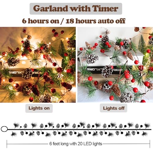 PALONMY 6.56ft Christmas Pine Garland with 20 LED Lights, Remote & Timer
