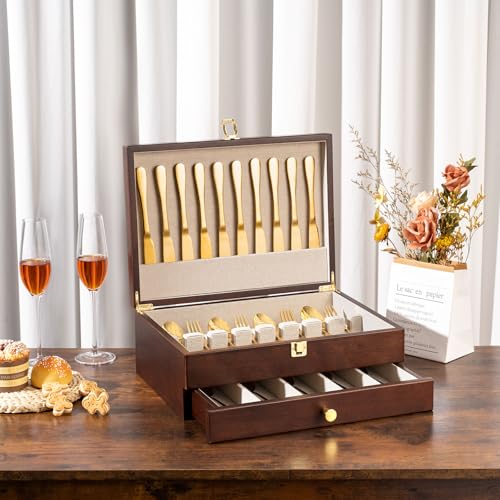 2-Layer Walnut Silverware Storage Box with Drawer and Linen Liner