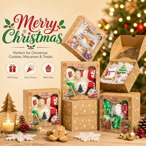 24 Pack Brown Christmas Cookie Gift Boxes with Holiday Prints, 6x6x2.5" - JCXGRVC