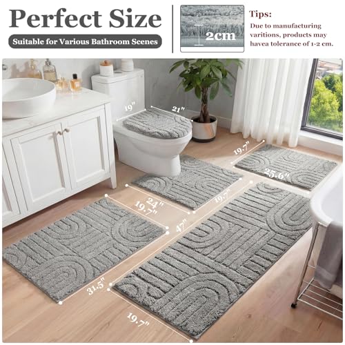 Bathroom Rugs Set 5 Pieces - Microfiber Non-Slip Shower Mat & Contour Toilet Rug, Grey, 18x26/20x32/20x48/U20x24/Cover19x21