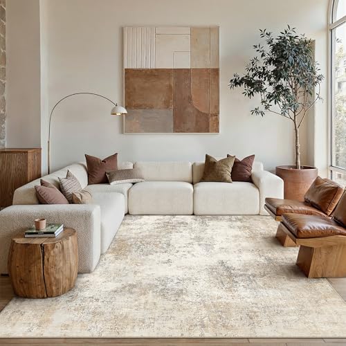 8x10 Beige Brown Abstract Washable Area Rug for Living Room - Non-Slip, Modern Pattern