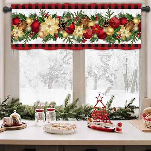 Christmas Valances for Windows, Rod Pocket Floral Patterns Winter Christmas Valance Curtains, Xmas Valance Curtains for Living Room, Bedroom, 54x18 Inch