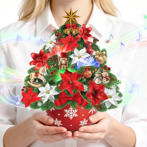 XUNXMAS 10-Inch 3D Pop-Up Christmas Card with Light & Music - Poinsettia Bouquet, Holiday Greeting, Christmas