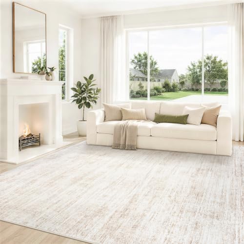 Beige 8x10 Washable Area Rug - Neutral Abstract Pattern, Non-Slip Backing