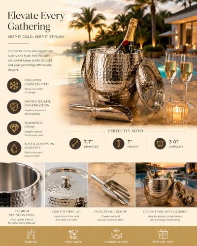 BREKX Silver Insulated Ice Bucket with Lid & Scoop, 3 Qt Champagne Cooler