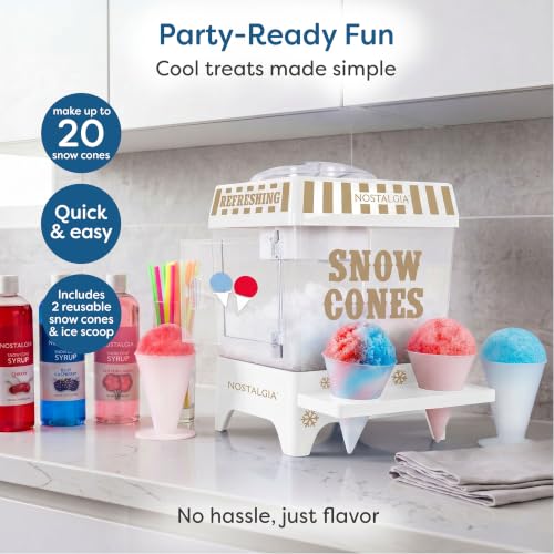 Nostalgia Snow Cone Shaved Ice Machine - White Retro Tabletop Slushie Maker with 2 Cups & Scoop