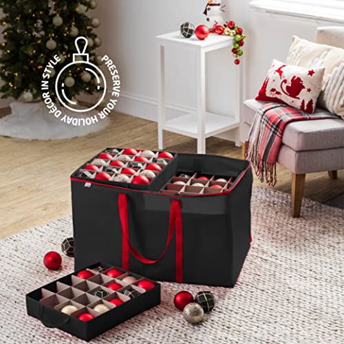 Premium 200-3" Ornaments Large Carrying Box with Clear LID, 10 Trays, Tear-Resistant 600D Oxford, Black