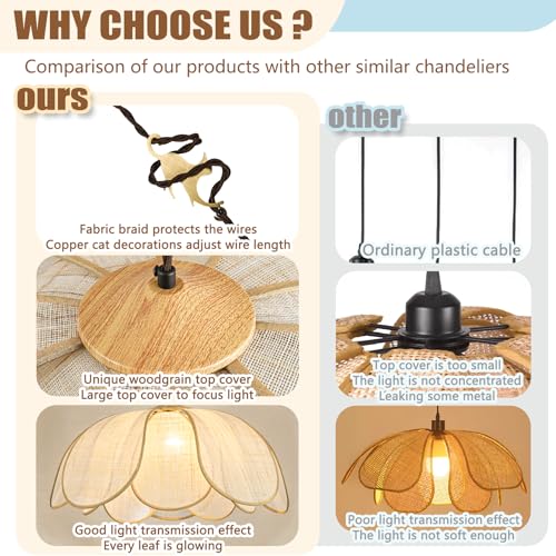 25.6 in Hand Woven Rattan Boho Chandelier with Brass Cat Hook for Living Room & Dining