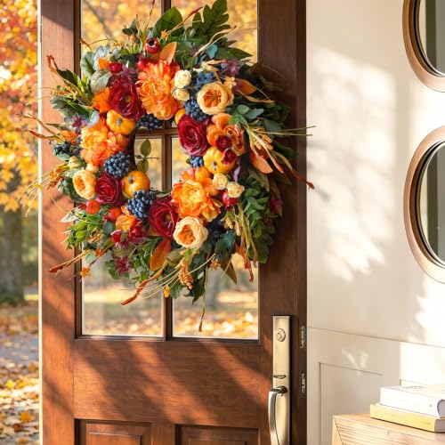 Artificial Fall Wreath for Front Door with Burgundy Roses & Orange Peony - 24 Inch