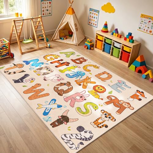 Rezutan 5' x 7' Beige Classroom Alphabet Rug, Washable & Non-Slip Kid's Play Carpet