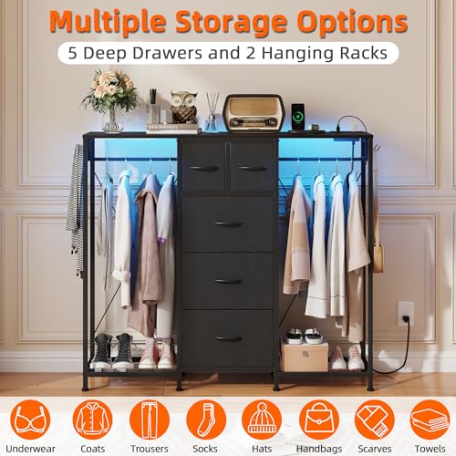 5-Drawer Dresser with Hanging Racks - Black, 49.2" Wide, Modern Storage