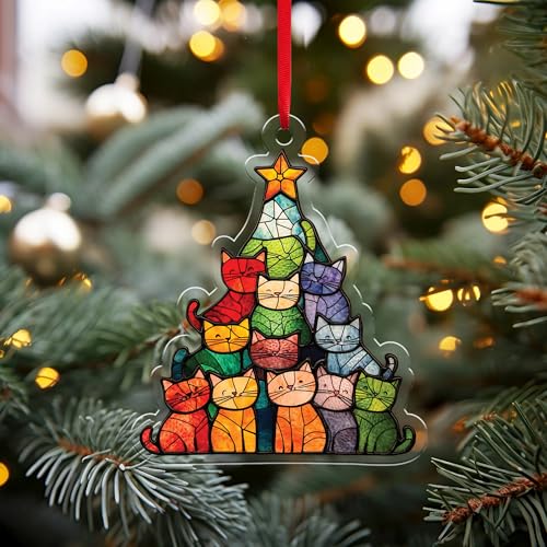 TTMerriwood Stained Glass Cat Christmas Tree Ornament - 4 Inch Acrylic Suncatcher