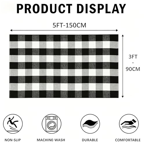 Buffalo Plaid Outdoor Rug 3x5 ft Black White Layering Doormat, Washable Porch Entryway Mat - Variation: Black & White Plaid / 3' x 5'
