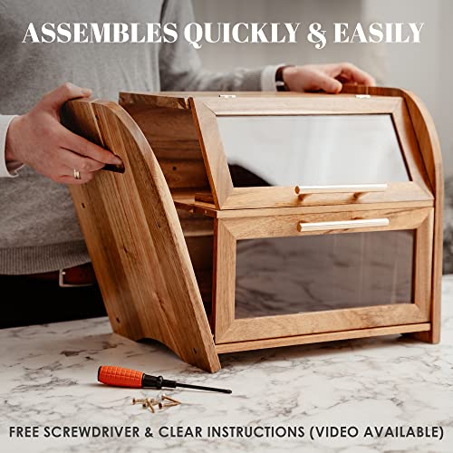 Acacia Wooden Bread Box for Kitchen Countertop - Extra Large 2-Shelf - Umber Finish