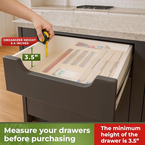 Woodenhouse Bamboo Kitchen Drawer Organizer with Foil & Plastic Wrap Dispenser, 9" - Includes Labels