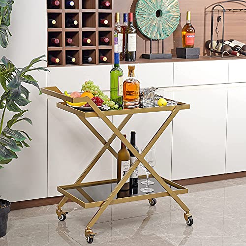 Gold Finish Bar Cart on Wheels with Locking Casters - 2-Tier Serving Cart for Home & Bar