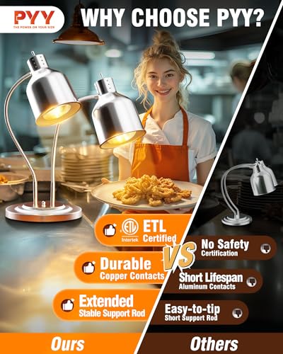 Food Heat Lamp Polished Silver 2-Head 500W Restaurant Food Warmer with 2 Bulbs