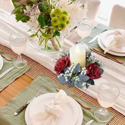 2 Pack Christmas Candle Rings Wreaths,Artificial Rose Floral Wreaths with Eucalyptus Leaves Greenery Small Wreath for Pillar Cabinet Wedding Centerpiece Party Home Table Decor (Red)