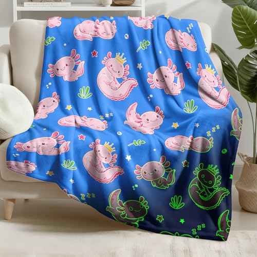 Axolotl Glow in The Dark Throw Blanket - 60"x50" Soft Glowing Kids Blanket for 3-10 Year Old Boys Girls, Gift for Birthday Christmas