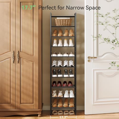 Nunsino Narrow 10-Tier Metal Shoe Rack - Black, Space Saving, Adjustable Storage