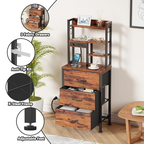 Furnulem 45.3-Inch Rustic Brown 3-Drawer Tall Nightstand with LED Lights & Charging Station