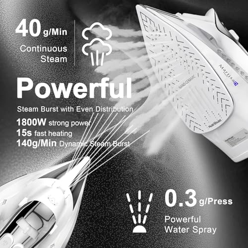 MARTISAN White Steam Iron 1800W Nano Ceramic Soleplate, Anti-Drip & Auto-Off