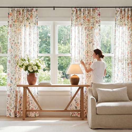 Hattie Beige Floral Linen Curtains 50W x 84L - Farmhouse Style 2 Panels