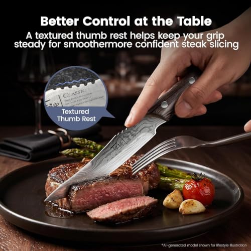 SYOKAMI 2026 Upgrade Foldable Steak Knife Set of 6 with Acacia Wood Block