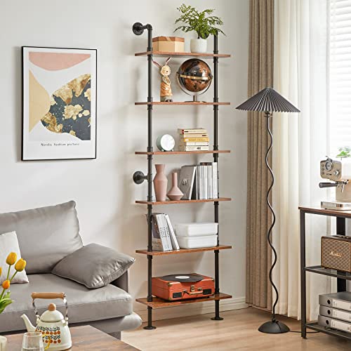 Industrial Pipe Ladder Shelf 6-Tier Wall Mounted Bookcase without Towel Holder - Rustic Brown
