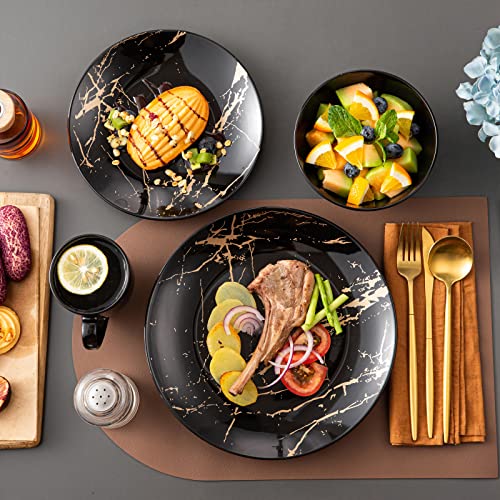 Black & Gold 16-Piece Dinnerware Set for 4 - Porcelain Plates Bowls Mugs