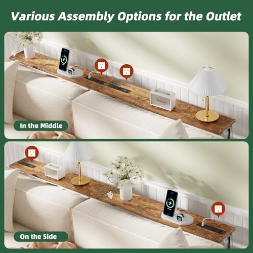 Simple Trending 78.75-Inch Narrow Console Table with Outlets, Adjustable Height Rustic Brown Sofa Side Table