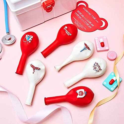 Skylety 48 Pieces Nurse Balloons 12 Inch Congrats Nursing Latex Balloons Bulk Party Decoration Supplies Nursing School Graduation Decoration for Christmas Gifts Nurse Week CNA(Red and White)